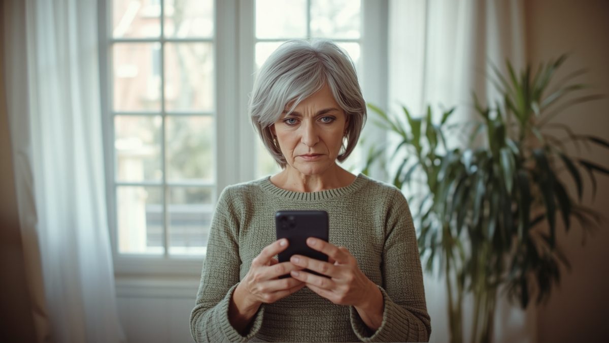 Femme sceptique regardant son téléphone devant la fenêtre de son salon