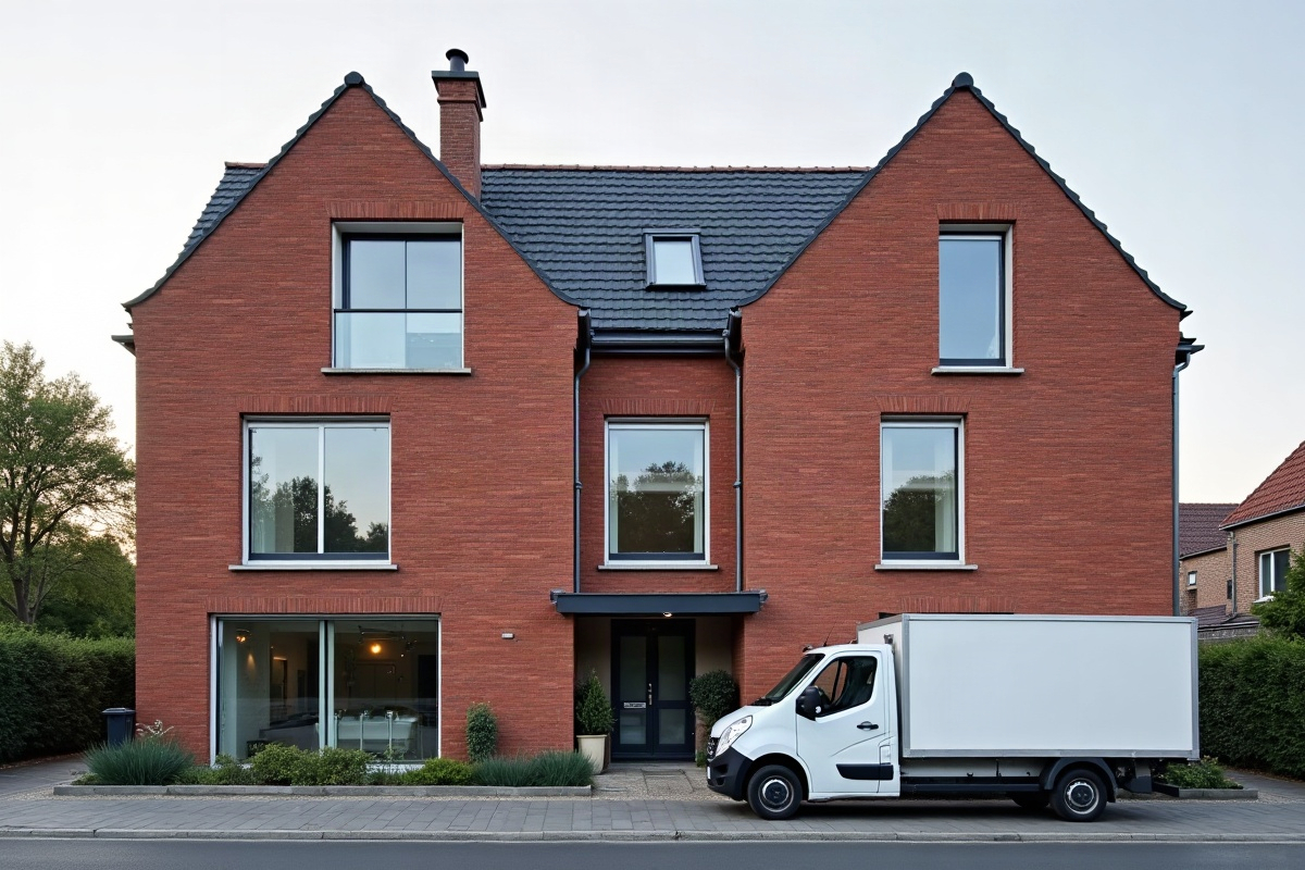 Façade en brique rouge d'une maison de ville dont les fenêtres à double vitrage viennent d'être remplacées, camionnette d'artisan garée devant