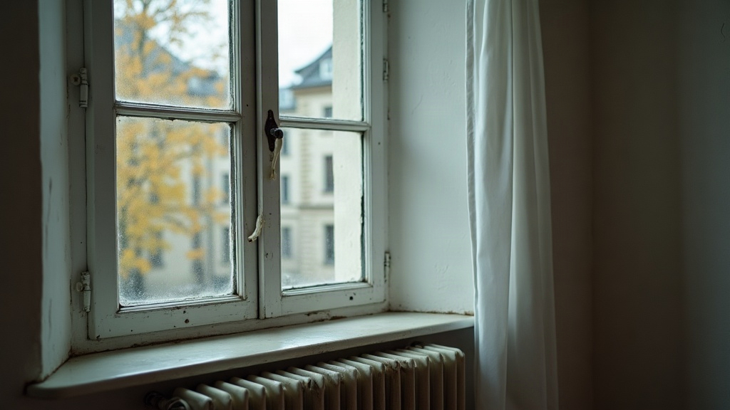 Vieille fenêtre en bois d'un appartement locatif, peinture écaillée et condensation sur les carreaux, radiateur sous l'appui