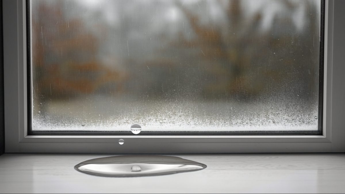 Condensation et gouttes d'eau sur le bas du double vitrage d'une fenêtre PVC blanche neuve, vue de l'intérieur un matin d'automne
