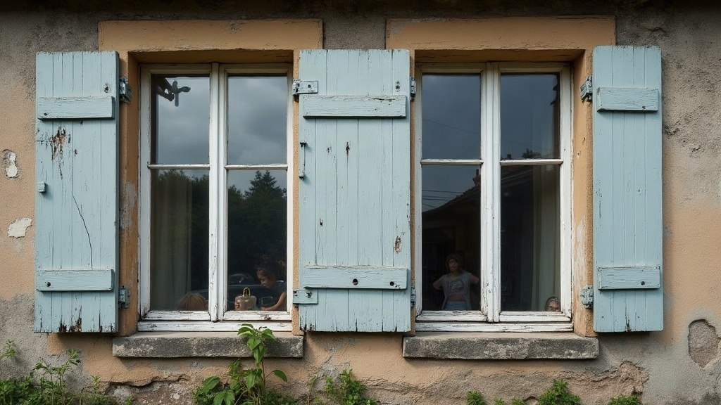 Façade d'une maison individuelle des années 1960 aux anciennes fenêtres en bois à simple vitrage, peinture écaillée, en fin d'après-midi
