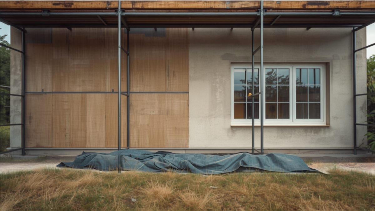 Façade d’une maison individuelle sous échafaudage, panneaux d’isolation extérieure en cours de pose à côté d’une fenêtre PVC double vitrage neuve