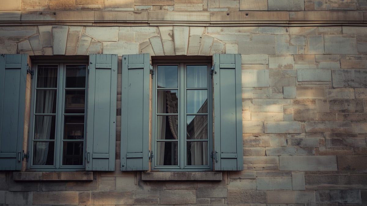 Façade en pierre claire d'une maison de ville ancienne avec fenêtres à menuiseries bois gris clair et petits bois, clocher d'église en arrière-plan