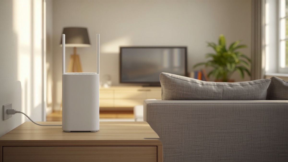 Box internet fibre posée dans un salon, avec canapé et téléviseur allumé en arrière-plan