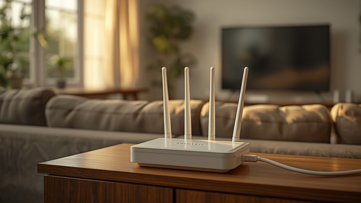 Modem-routeur internet blanc à quatre antennes posé sur un meuble en bois dans un salon, canapé et téléviseur en arrière-plan flou