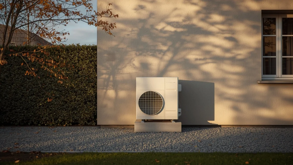 Unité extérieure d'une pompe à chaleur air-eau le long du mur d'une maison, en fin d'après-midi d'automne