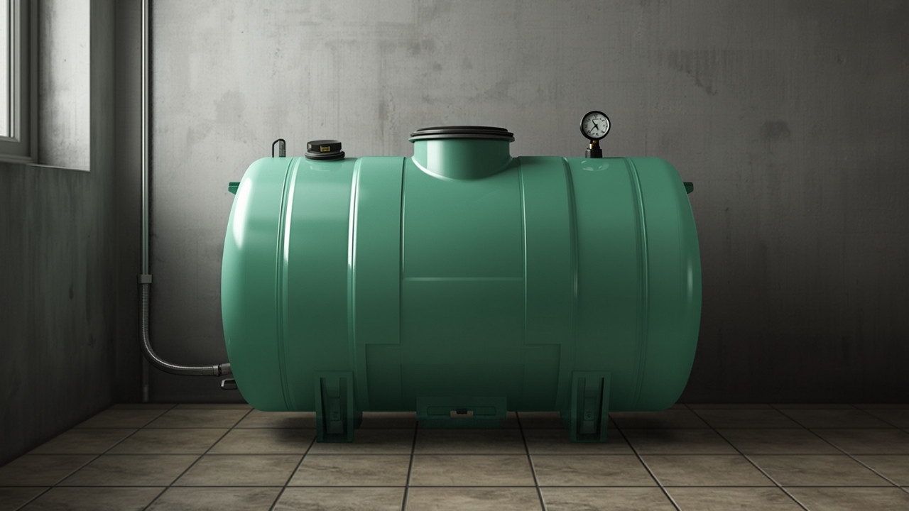Cuve à fioul domestique en plastique vert installée dans le garage d'une maison individuelle, jauge et tuyau de remplissage visibles