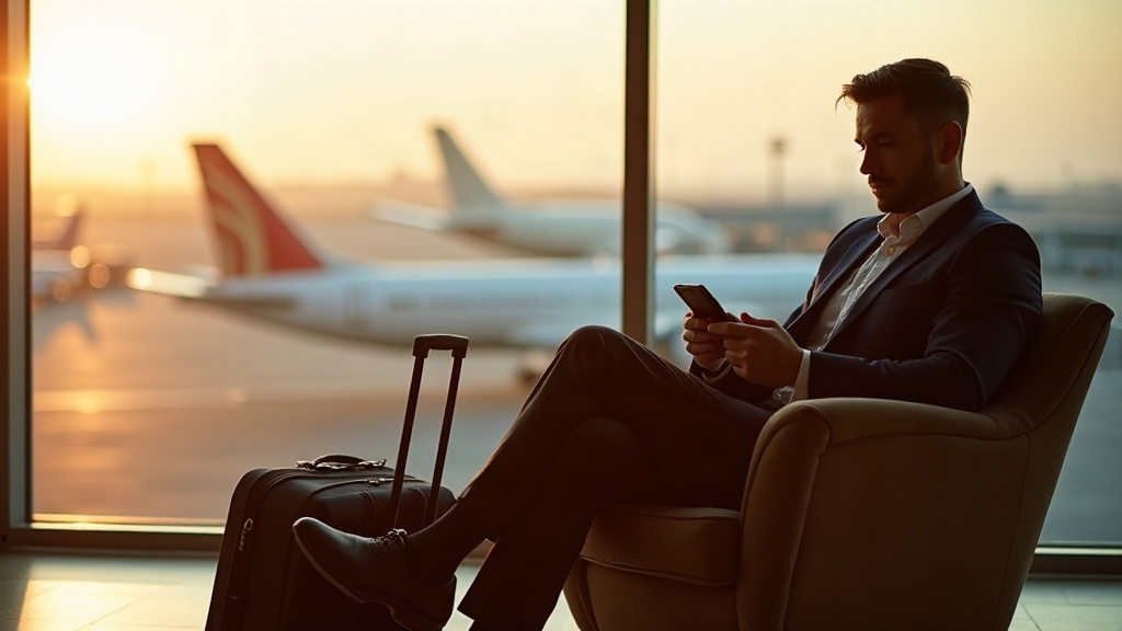 Un voyageur fréquent consulte son statut sur son smartphone dans un salon d aéroport, un avion visible sur le tarmac derrière lui