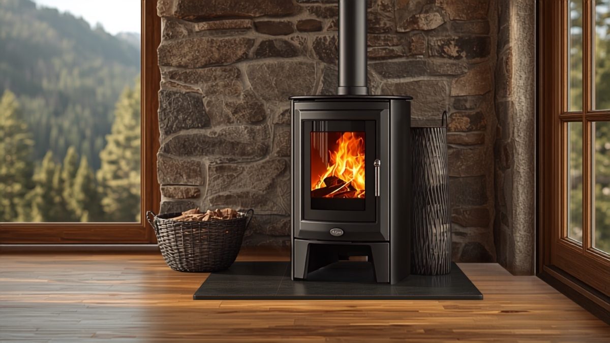 Poêle à bois moderne allumé contre un mur en pierre dans le séjour d'une maison de montagne rénovée