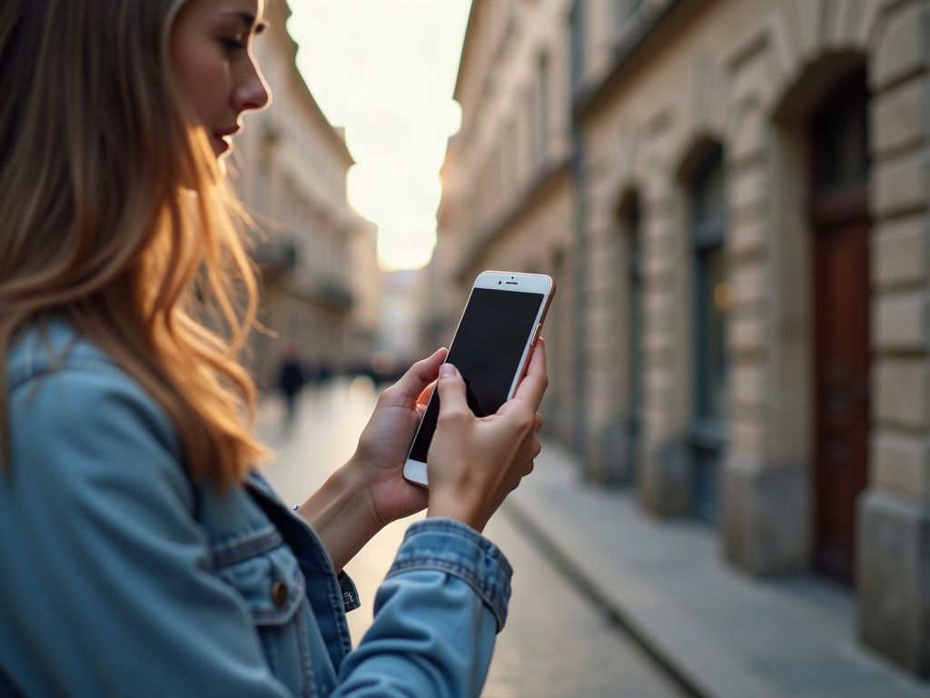 Jeune femme consultant son smartphone dans une rue, en fin d'après-midi
