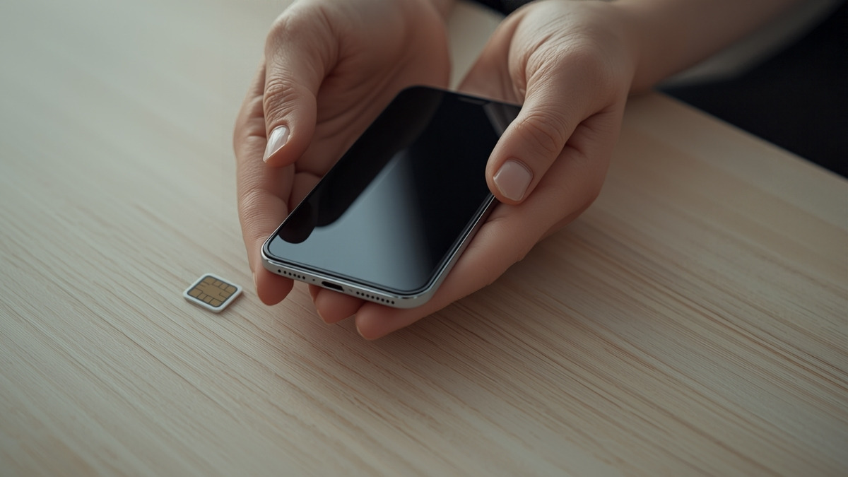 Main tenant un smartphone au-dessus d'un bureau, carte SIM posée à côté