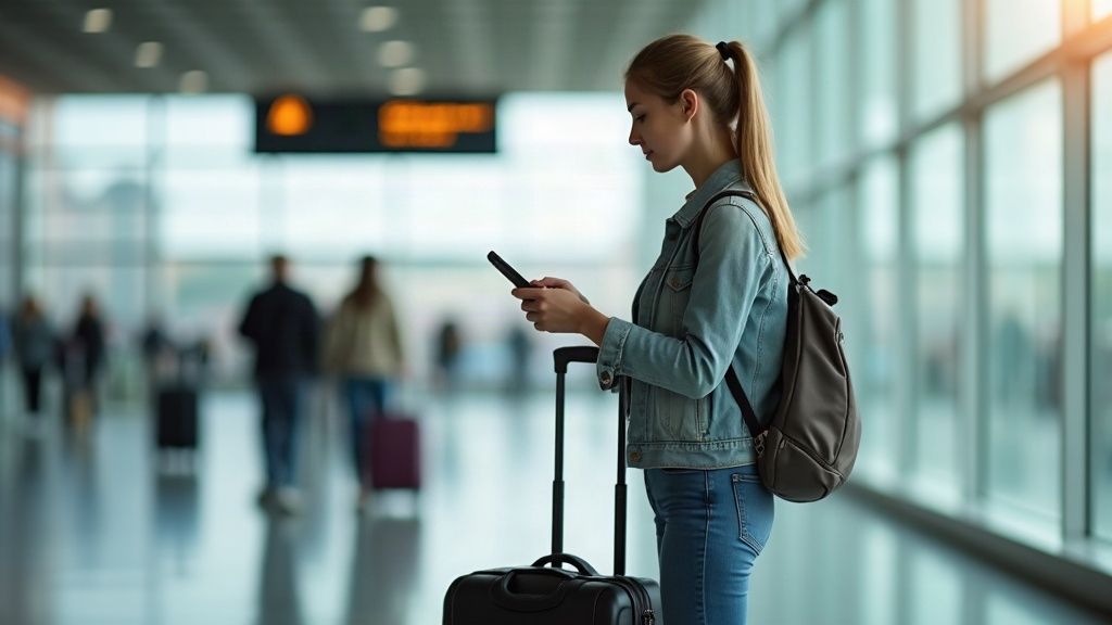 Voyageuse consultant son smartphone dans un hall d'aéroport