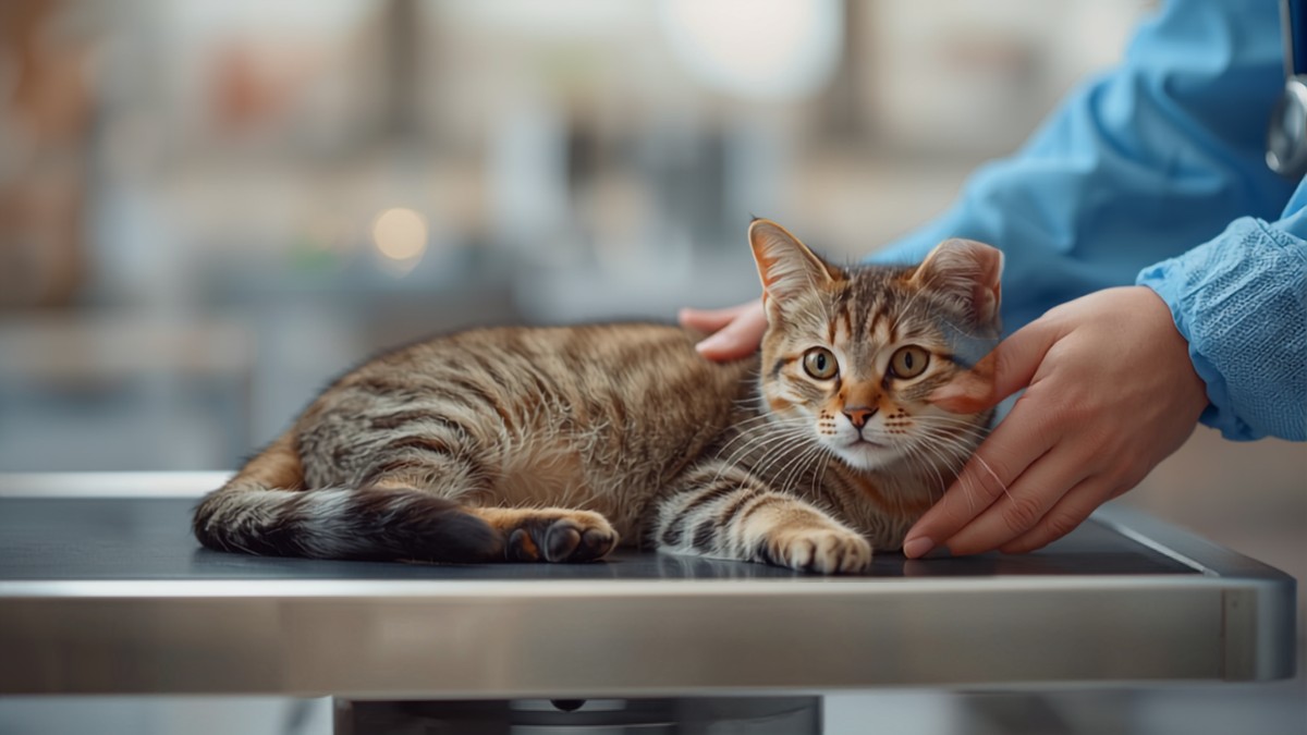 Chat tigré allongé sur la table d'examen d'un cabinet vétérinaire, maintenu par les mains d'un vétérinaire en blouse bleue