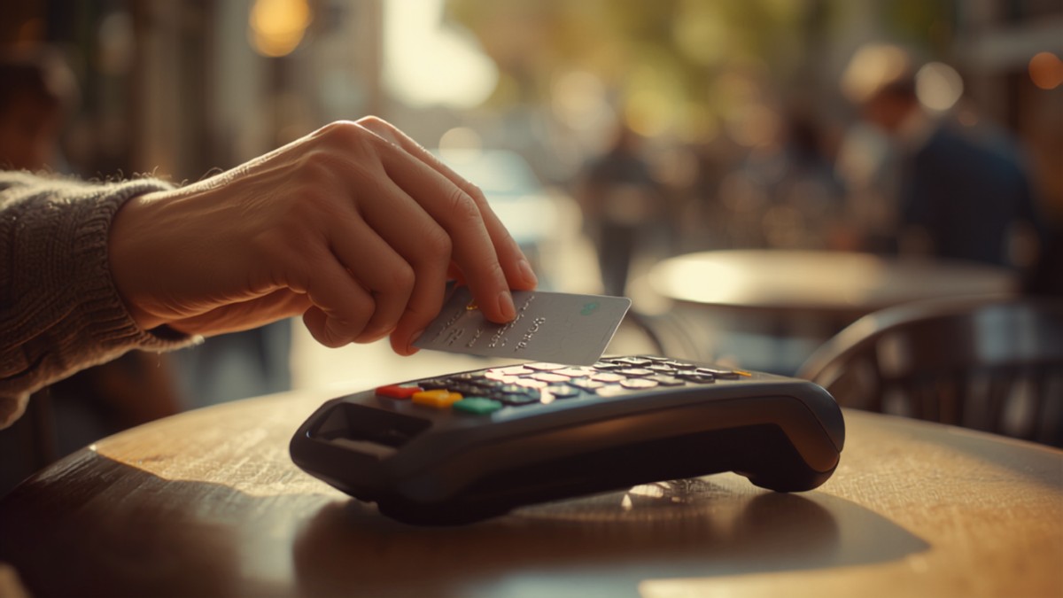 Personne réglant un achat avec une carte bancaire sur un terminal de paiement en terrasse, lumière naturelle
