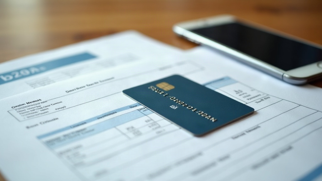 Carte bancaire posée sur des papiers administratifs à côté d'un smartphone