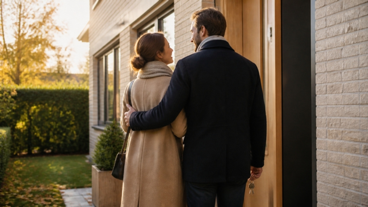 Couple de trentenaires devant la porte de sa maison, clés neuves à la main, par un après-midi d'automne