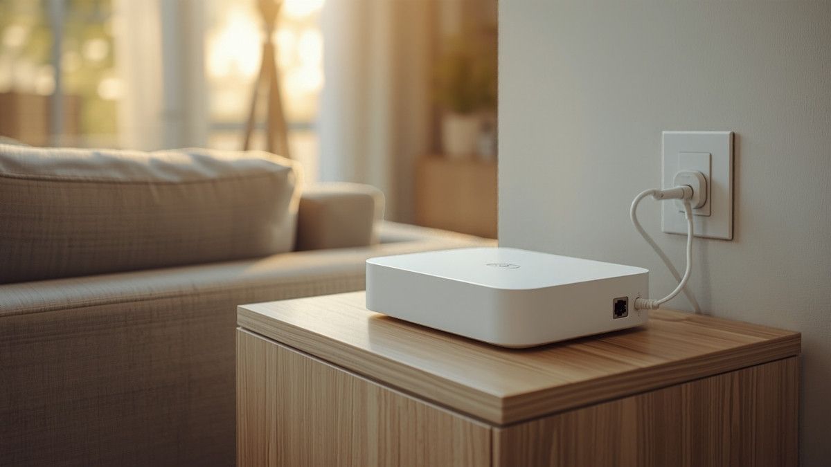 Box internet et prise fibre optique dans le salon d'un logement