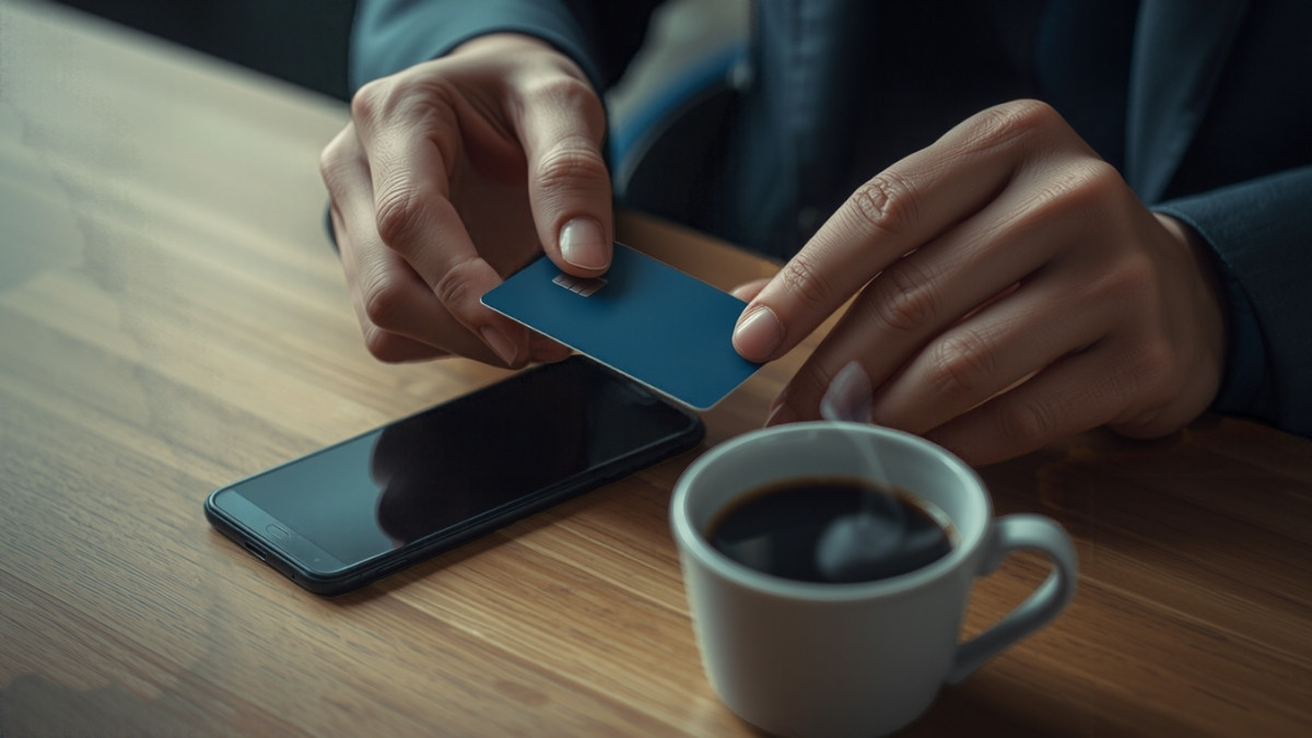 Mains tenant une carte bancaire bleue au-dessus d'un smartphone posé sur une table en bois