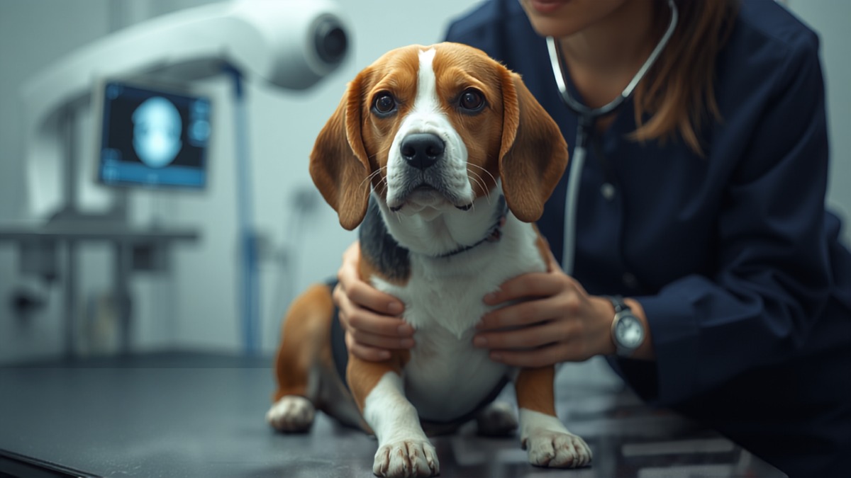 Beagle assis sur une table d'examen ausculté au stéthoscope par une vétérinaire en blouse bleu marine dans une clinique