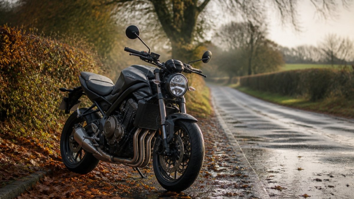 Moto garée au bord d'une route de campagne mouillée, lumière du matin d'automne