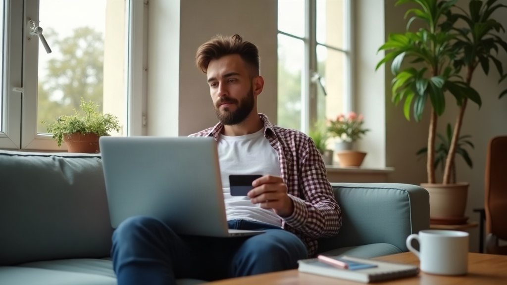 Homme effectuant un achat en ligne depuis son salon, carte bancaire à la main