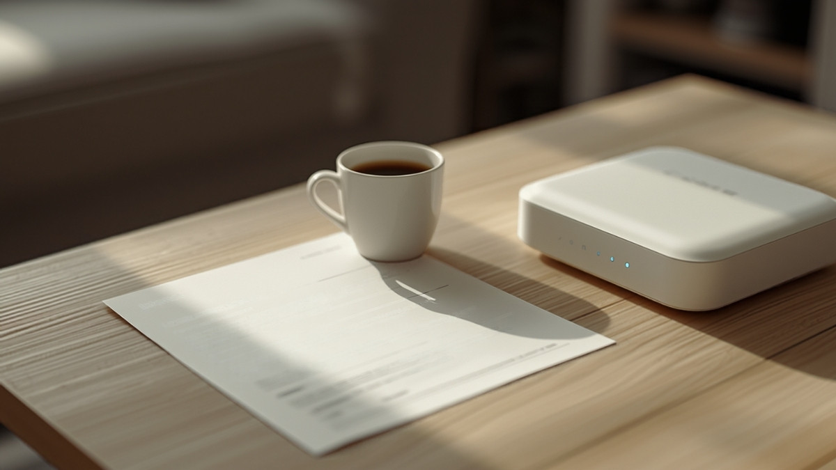 Box internet blanche posée sur une table en bois à côté d'une facture papier et d'une tasse de café