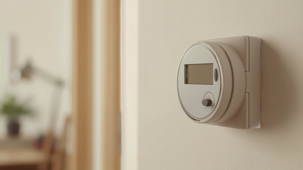 Boîtier de programmation électrique fixé sur un mur clair dans un logement