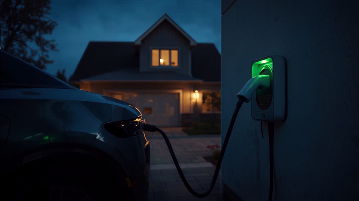 Voiture électrique branchée à une borne de recharge murale blanche devant une maison individuelle, la nuit