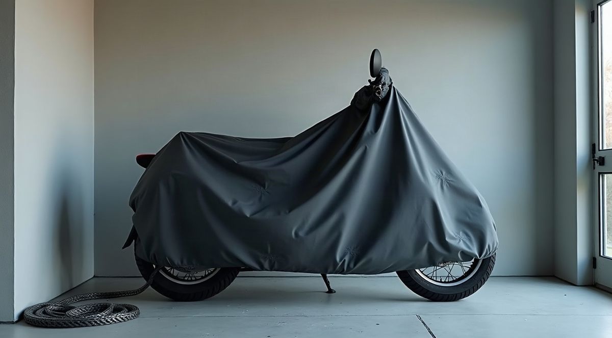 Moto entièrement recouverte d'une housse de protection grise dans un garage fermé pendant l'hivernage