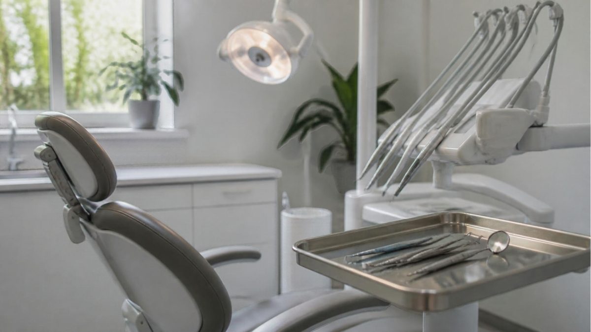 Fauteuil, scialytique et plateau d'instruments dans un cabinet dentaire