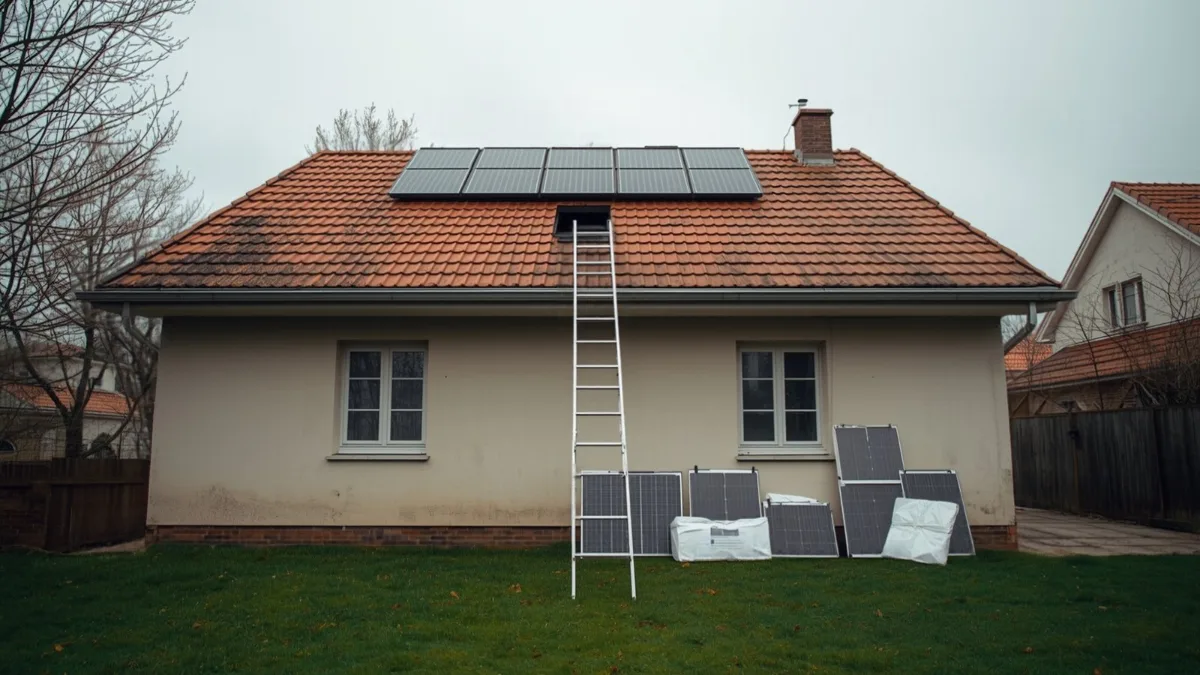 Maison avec une installation de panneaux solaires inachevée, échelle restée en place et modules posés dans le jardin