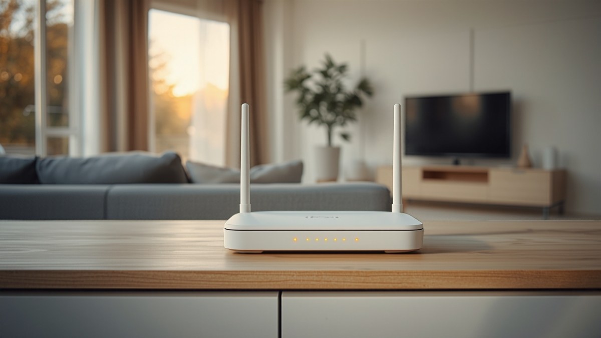 Routeur Wi-Fi blanc posé sur une console en bois dans un salon, canapé et téléviseur en arrière-plan