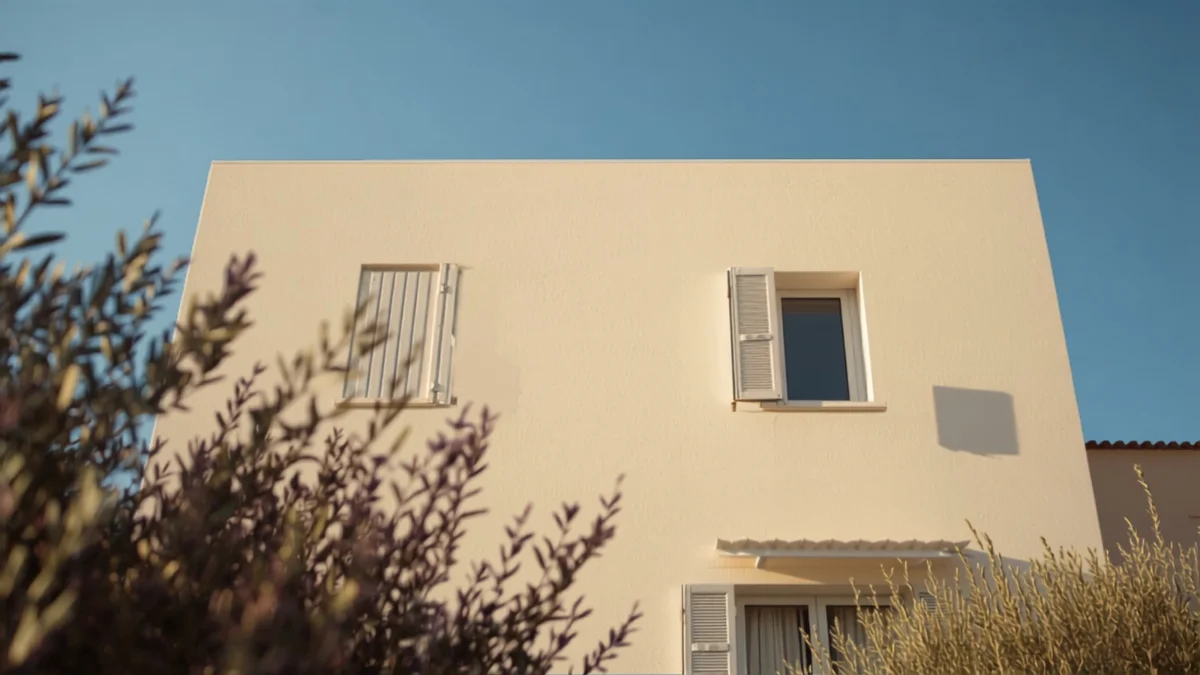 Façade d'une maison individuelle rénovée avec isolation par l'extérieur sous un soleil d'été