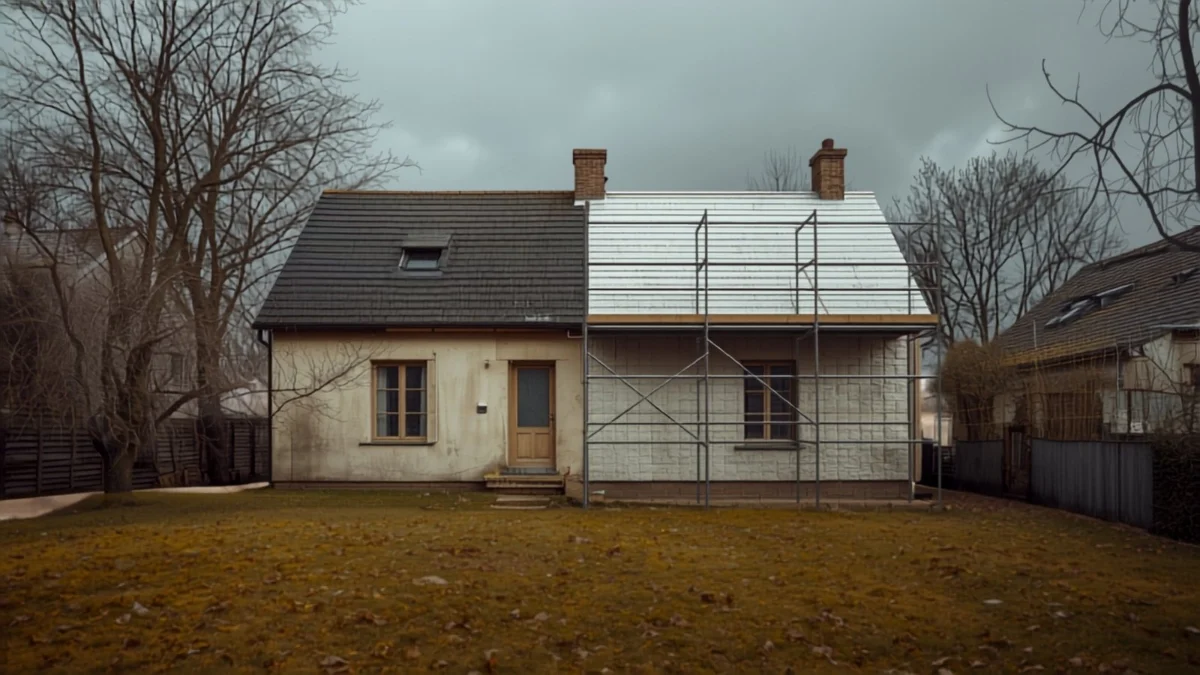 Façade d'une maison individuelle à moitié recouverte de panneaux d'isolation extérieure sous échafaudage, par temps gris de fin d'automne