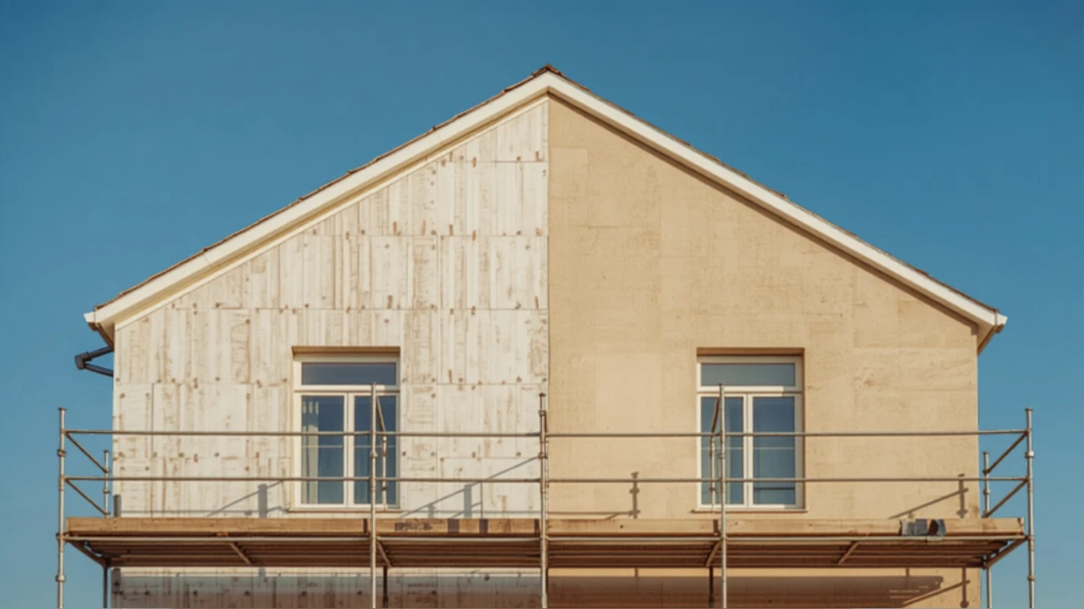 Maison individuelle en cours d'isolation thermique par l'extérieur, panneaux isolants et enduit de finition