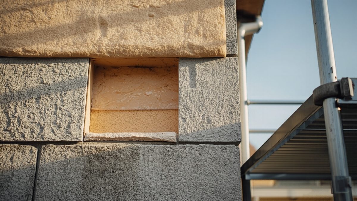 Façade d'une maison individuelle en cours d'isolation thermique par l'extérieur, panneaux isolants et échafaudage