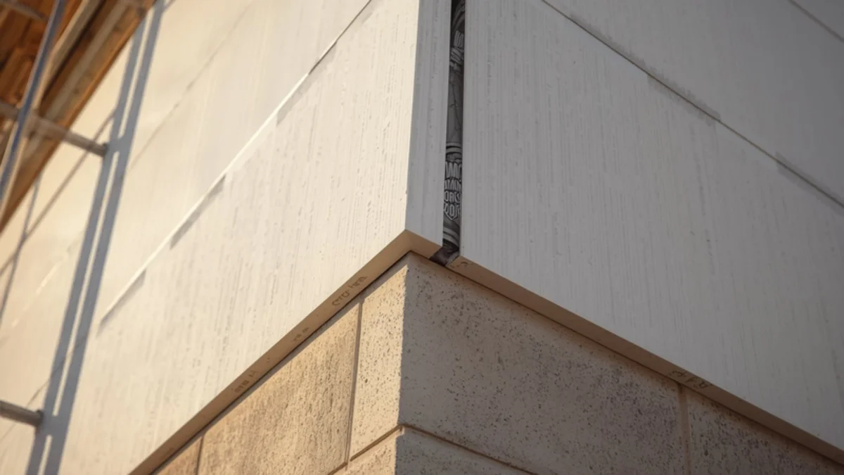 Angle de facade d'une maison individuelle isolee par l'exterieur, panneaux isolants poses sur la maconnerie