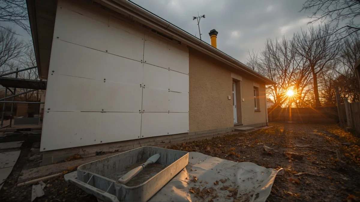 Façade de maison individuelle à moitié recouverte de panneaux isolants, en fin de journée d'automne