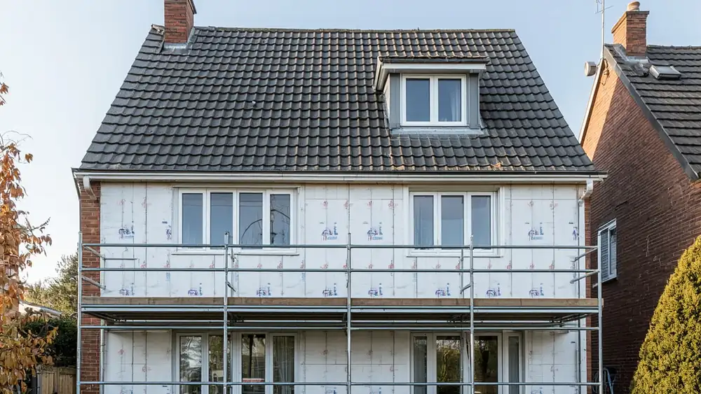 Façade d'une maison individuelle en cours d'isolation par l'extérieur, panneaux isolants posés et échafaudage