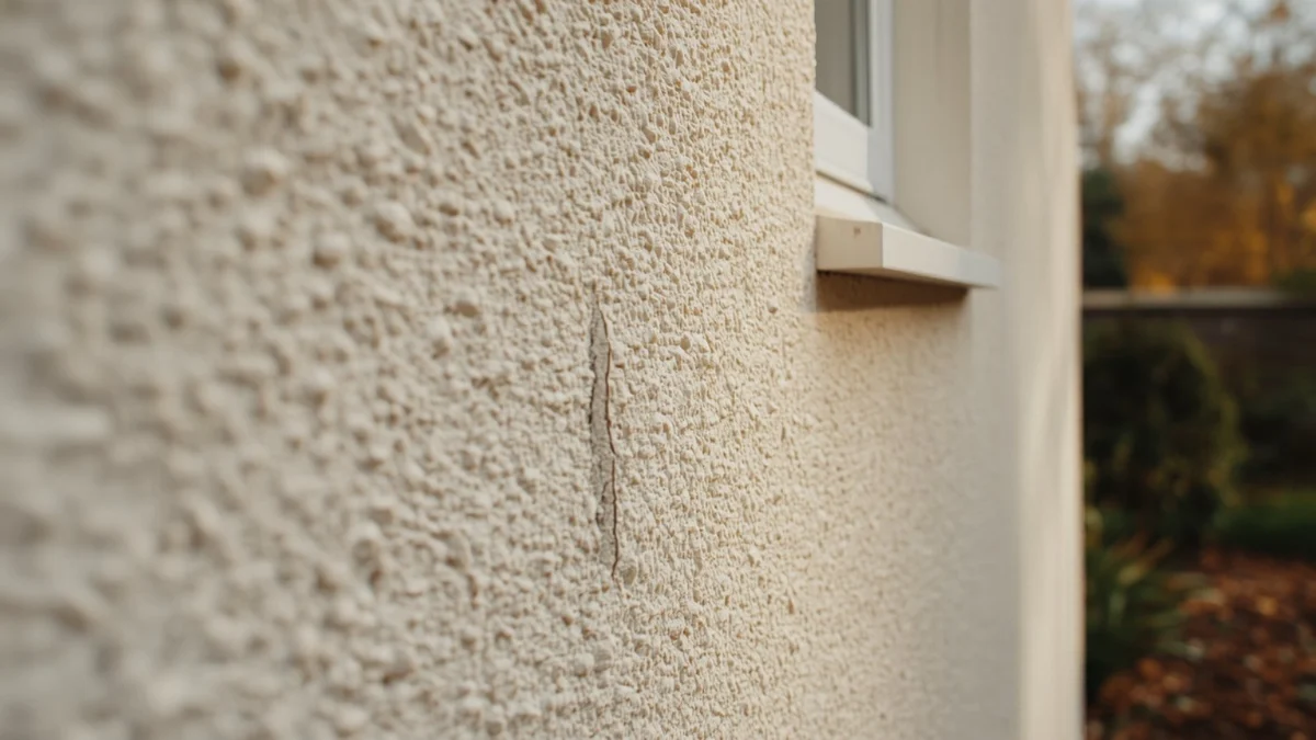 Fissure verticale dans l'enduit de finition d'une façade isolée par l'extérieur, près d'un tableau de fenêtre