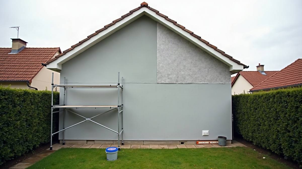 Pignon d'une maison en cours d'isolation par l'extérieur, échafaudage dressé le long du mur en limite de propriété entre deux haies de jardins voisins