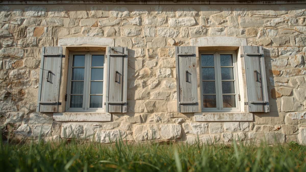 Façade en pierre calcaire d'une maison ancienne française, joints à la chaux et volets en bois