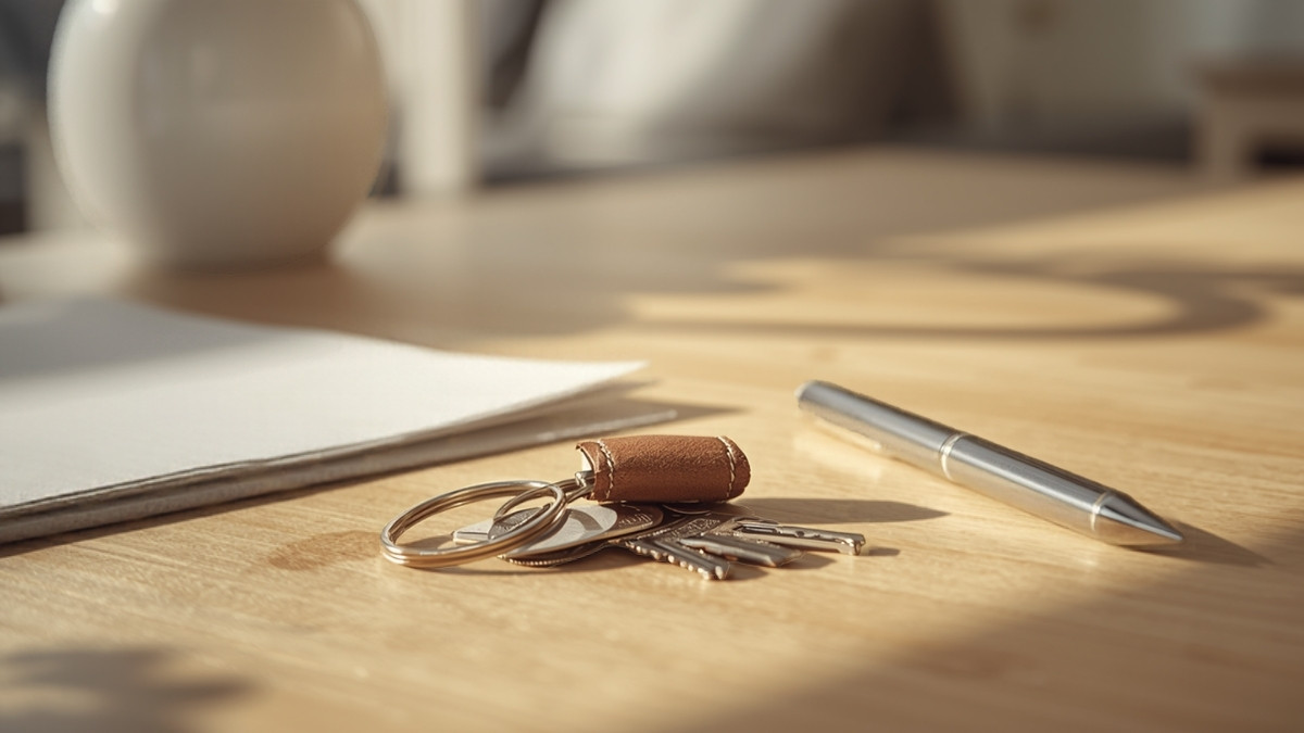 Trousseau de clés de maison et stylo posés sur une table en bois à côté de papiers, lumière naturelle