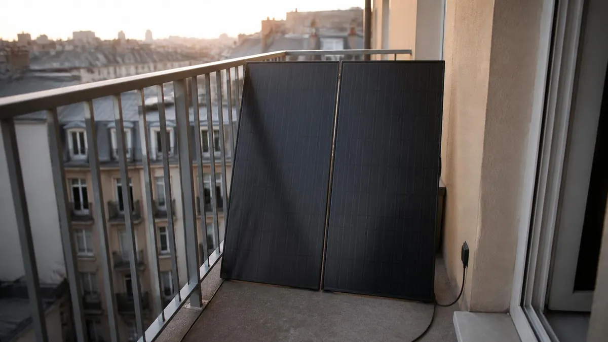 Deux panneaux solaires posés contre la rambarde d'un balcon d'appartement, câble descendant vers une prise murale, en fin de journée