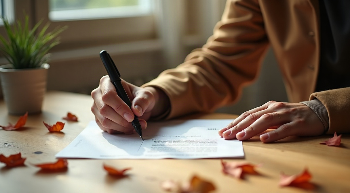 Personne signant un document sur une table en bois clair près d'une fenêtre, stylo à la main, feuilles d'automne posées sur la table