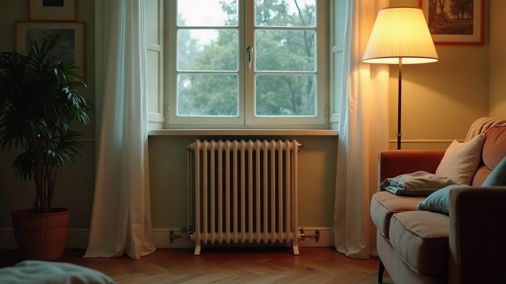 Radiateur en fonte sous une fenêtre dans un salon éclairé à la tombée du jour