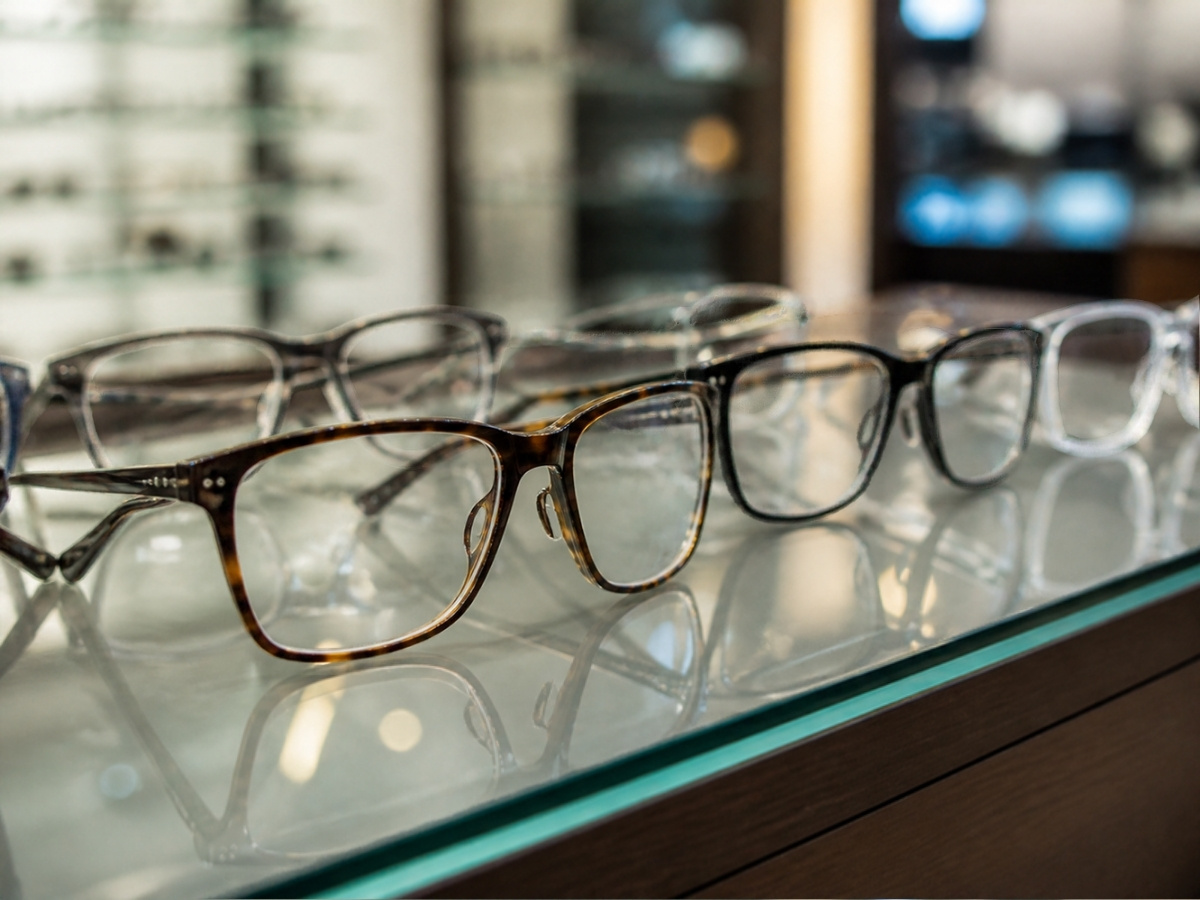Plusieurs paires de lunettes de vue alignées sur le comptoir vitré d'un magasin d'optique