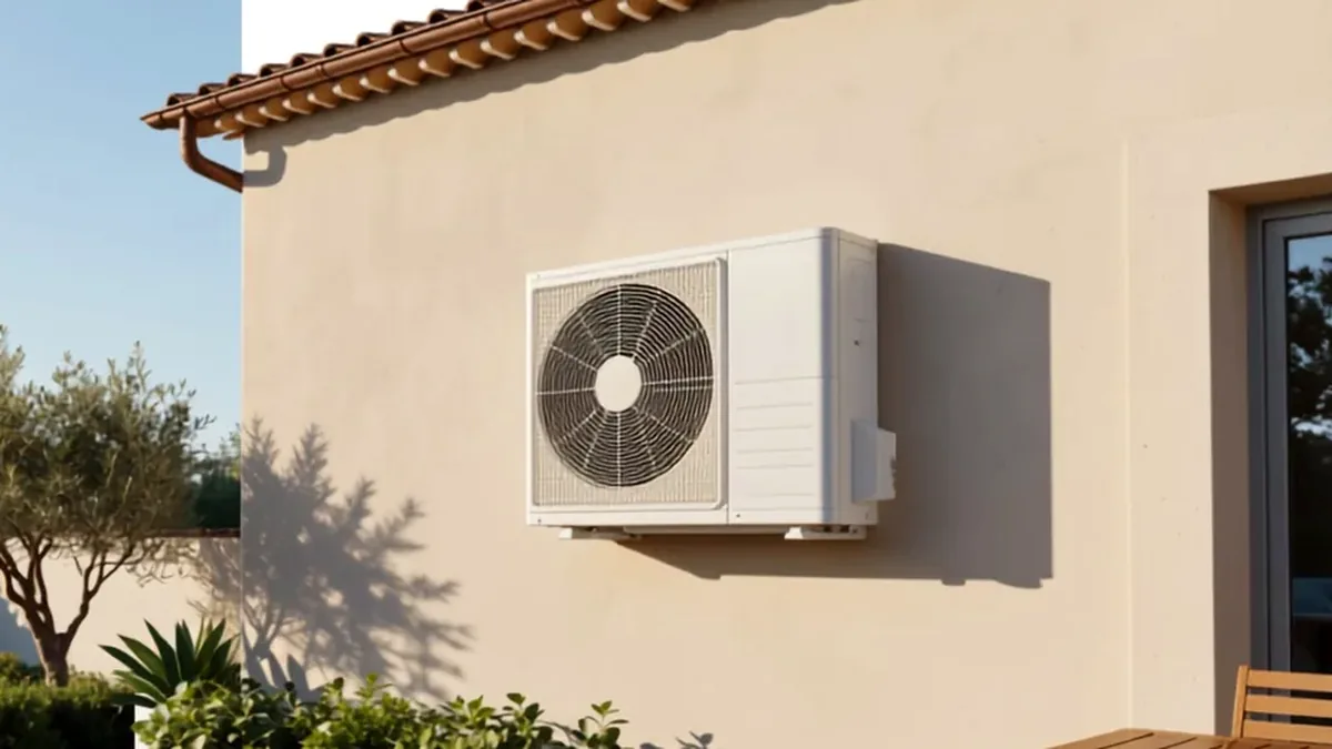 Unité extérieure de pompe à chaleur air/eau fixée au mur d'une maison individuelle