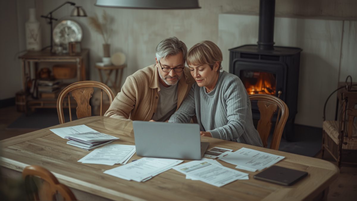 Couple assis à une table de salle à manger remplissant un dossier d'aide sur un ordinateur portable, un poêle à granulés moderne visible à l'arrière-plan
