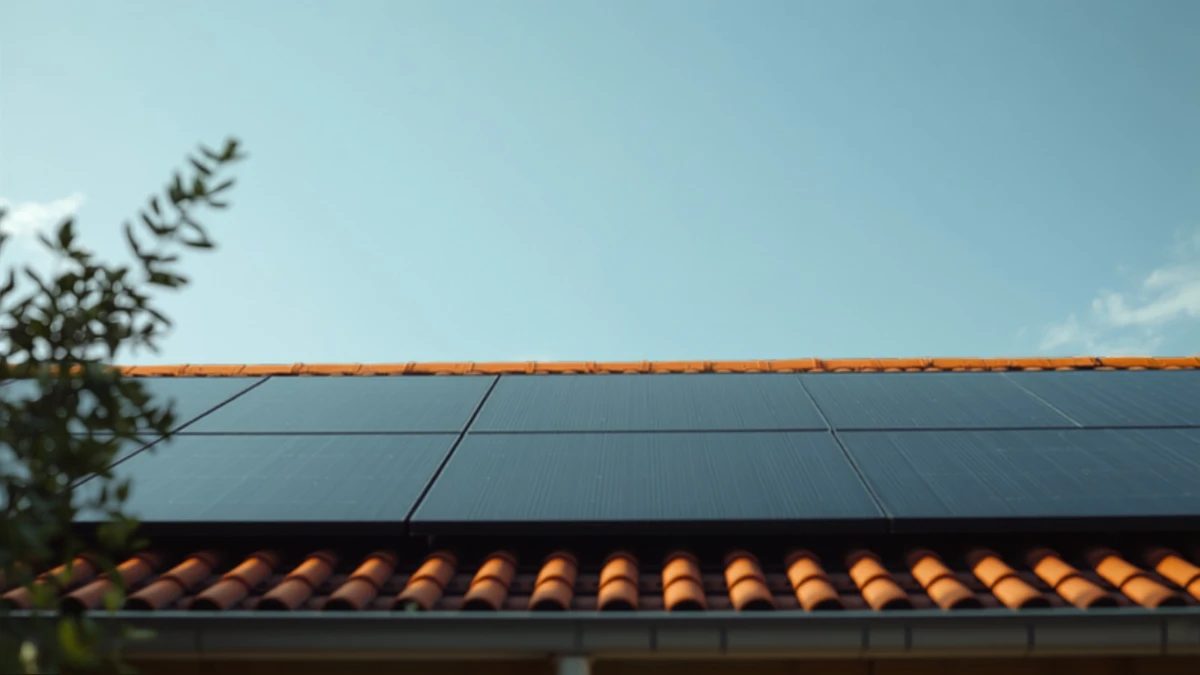 Panneaux solaires noirs sur une toiture en tuiles d'une maison individuelle, avec l'ombre d'une branche d'arbre sur le bord des modules